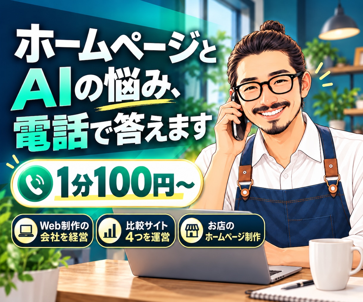 ホームページとAIの悩みに電話でお答えします 1分から気軽に。わかる言葉でお話しします イメージ1