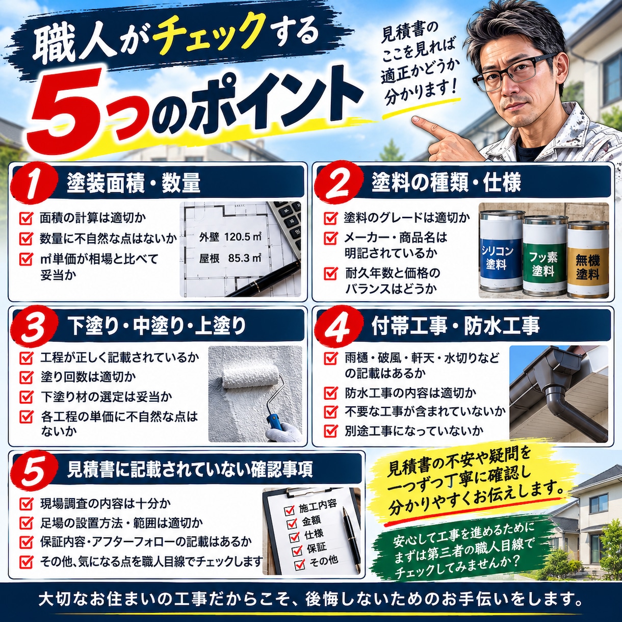 外壁塗装の見積書を職人目線でチェックします 外壁塗装の見積書を職人目線でわかりやすくチェックします イメージ2