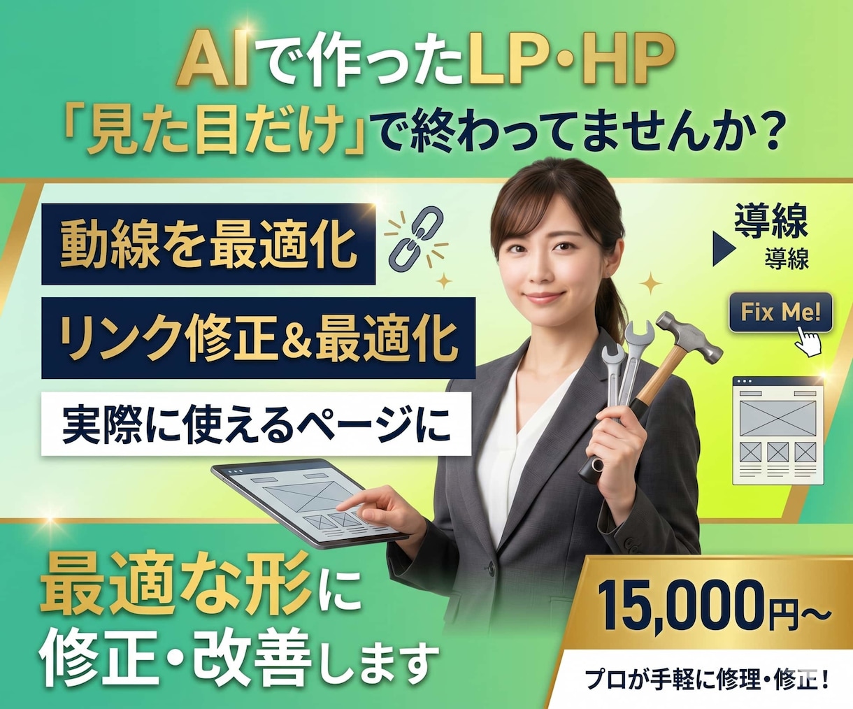 AIで作ったLP・HPを最適な形に修正・改善します プロが“動く・伝わる”状態にします。見た目だけのサイトを改善 イメージ1