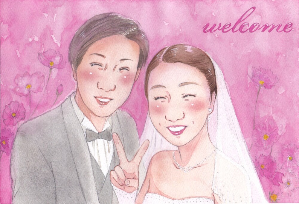 優しい水彩画の似顔絵ウェルカムボード、作成します 簡易額縁付き☆気持ちを込めて、一枚一枚丁寧にお描きします イメージ4