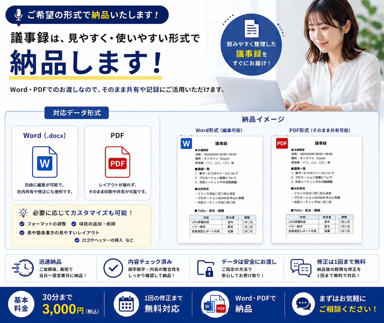 録音データから見やすい議事録を作成します 音声を送るだけ。要点・決定事項・ToDoまで整理 イメージ4