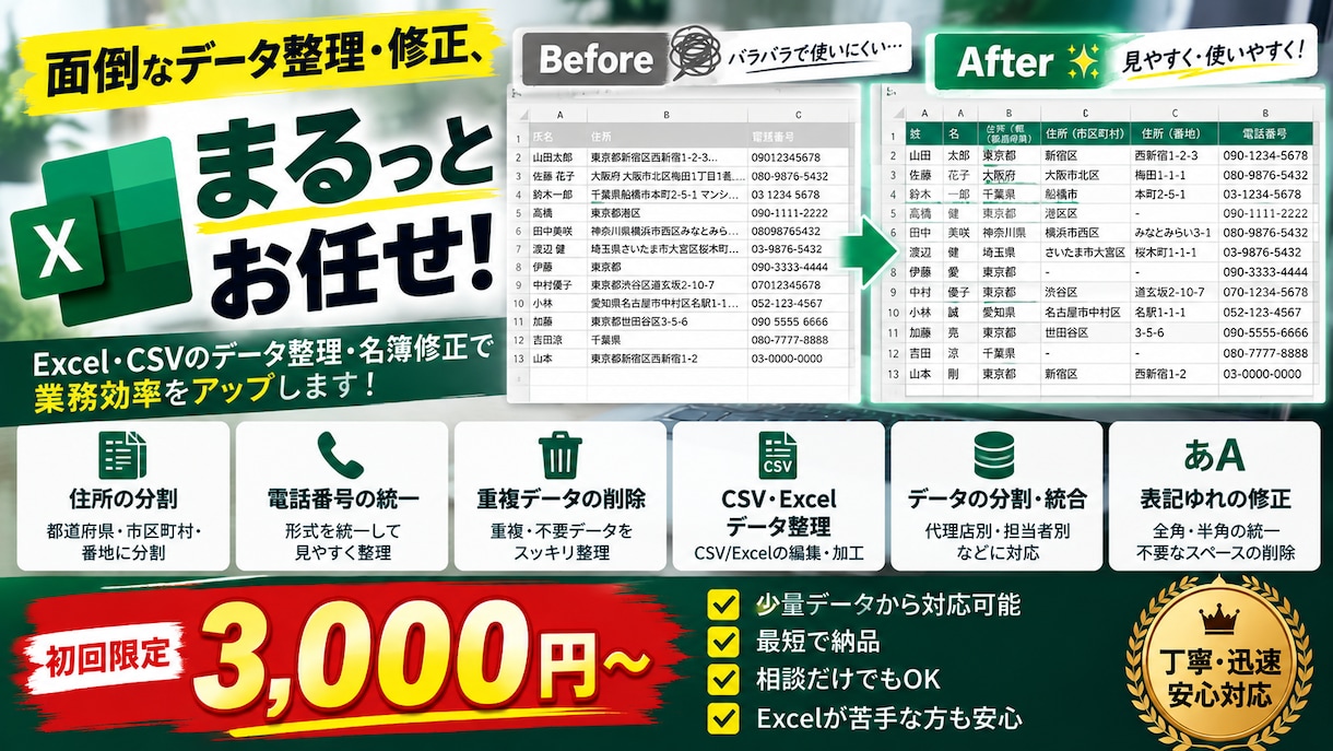 Excelデータ整理・名簿修正を代行します 住所分割・重複削除・CSV整形など面倒な作業に対応 イメージ1