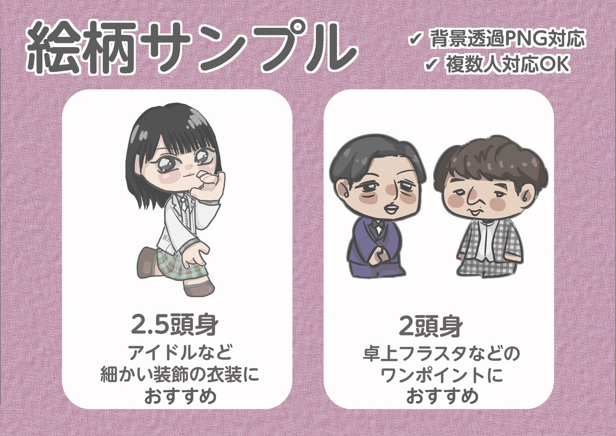 アイドルや芸人さんの祝花用のSDイラスト制作します 推している方の魅力や衣装を丁寧に描かせていただきます＾＾ イメージ2