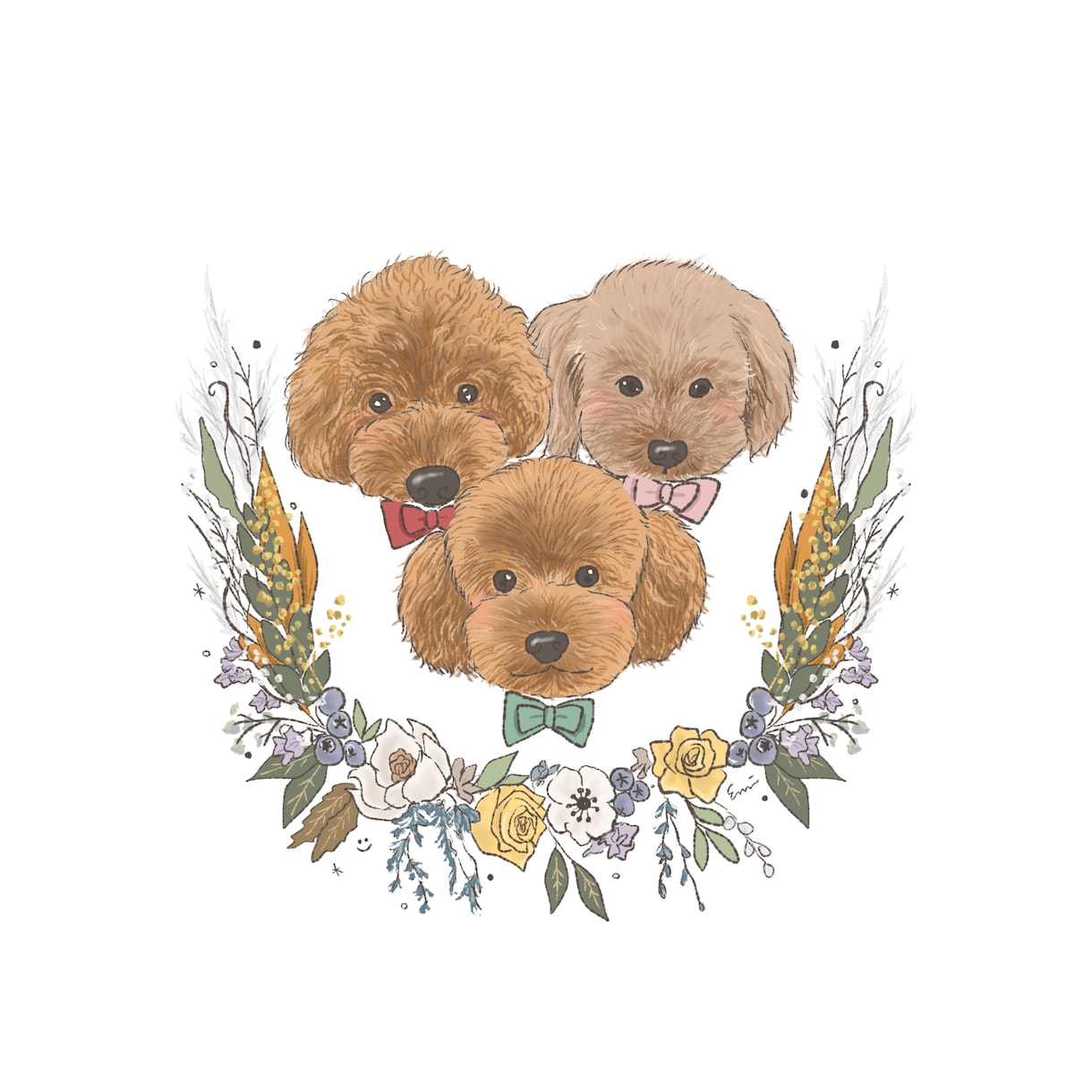 ほっこり優しいタッチのペット似顔絵描きます 華やかなお花のフレームイラスト付き♪インテリアにもアイコンに イメージ3