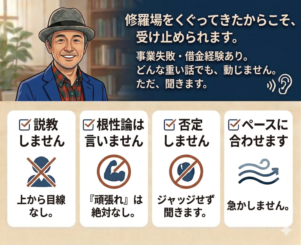 利害関係ゼロの50代おじさんが聞きます 説教なし・根性論なし・ただ聞くだけ イメージ4