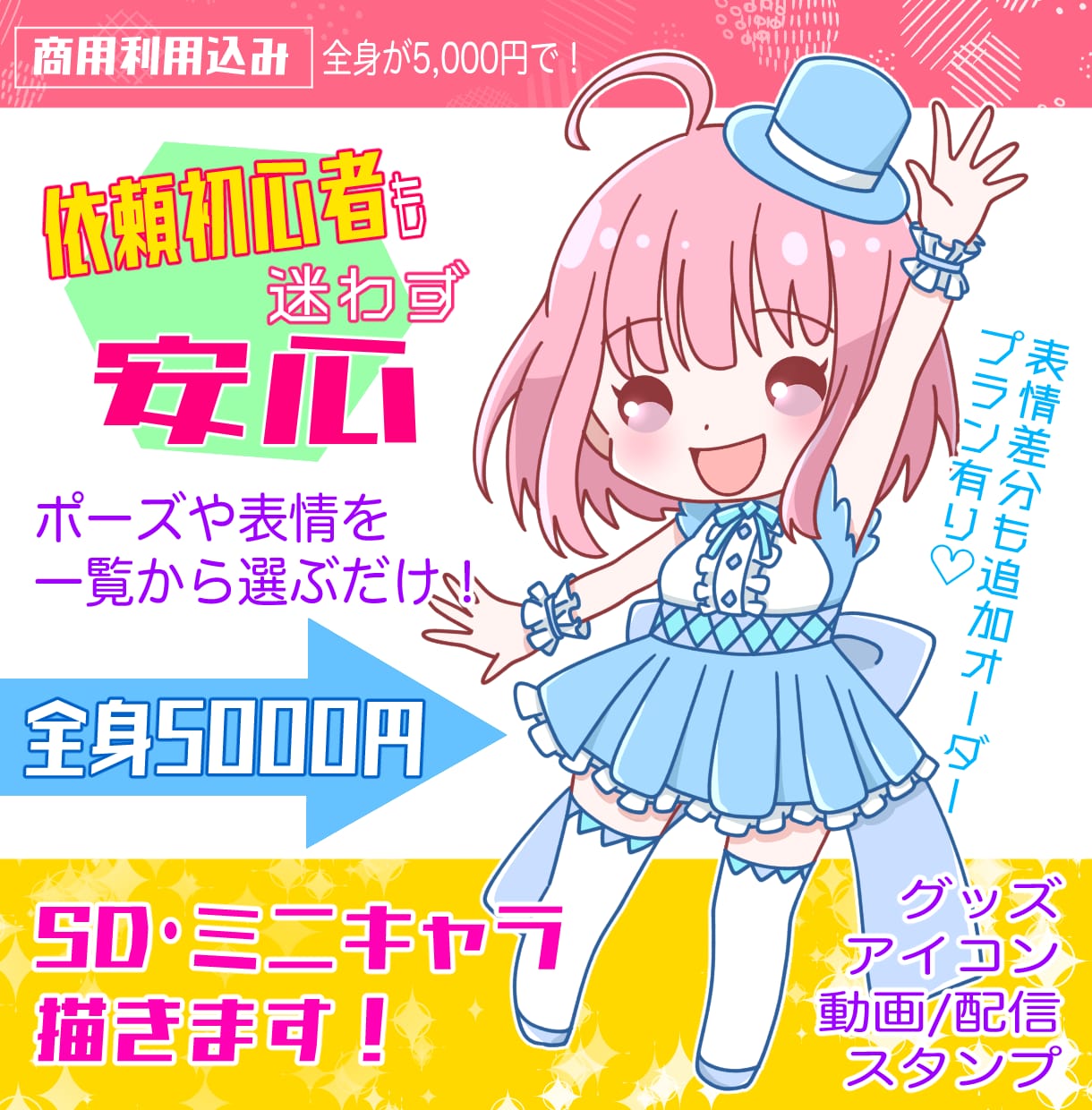 商用利用OK！ ポップでかわいいミニキャラ描きます VTuber様のグッズ制作に！シンプル全身5000円プラン！ イメージ1