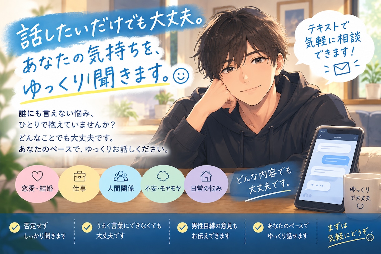 誰にも言えない悩み、テキストでゆっくりお聞きします 話したいだけでも大丈夫。あなたの気持ちを、ゆっくり聞きます。 イメージ1