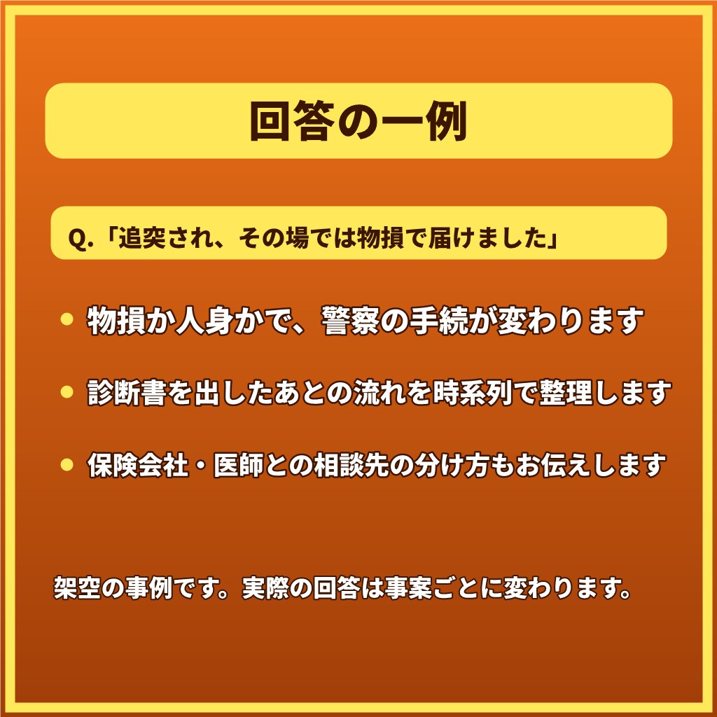 交通事故で不安なあなたへ元警察官が1往復で応えます 【1往復】人身・物損、被害側も加害側も。警察の手続を整理 イメージ8