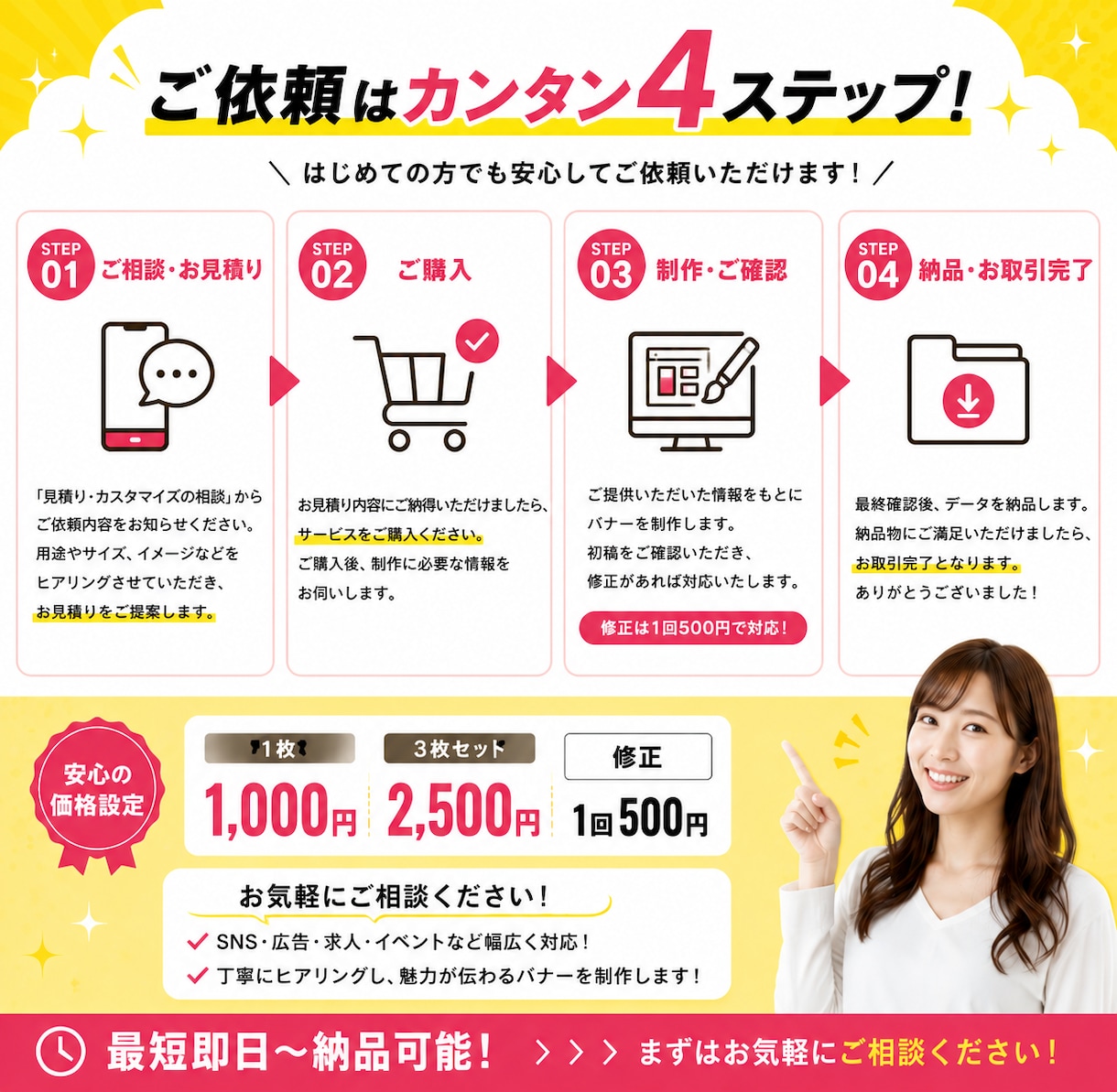 コストを抑えたバナーをお願いしたい方を募集します 頭の中のイメージを形にしたい！集客したい！を作ります。 イメージ2