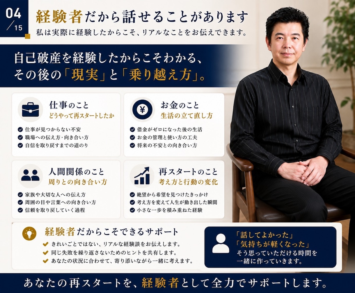 破産後の人生再建を30日間サポートします 破産から復活した経営者が、あなたの再スタートに伴走します イメージ4