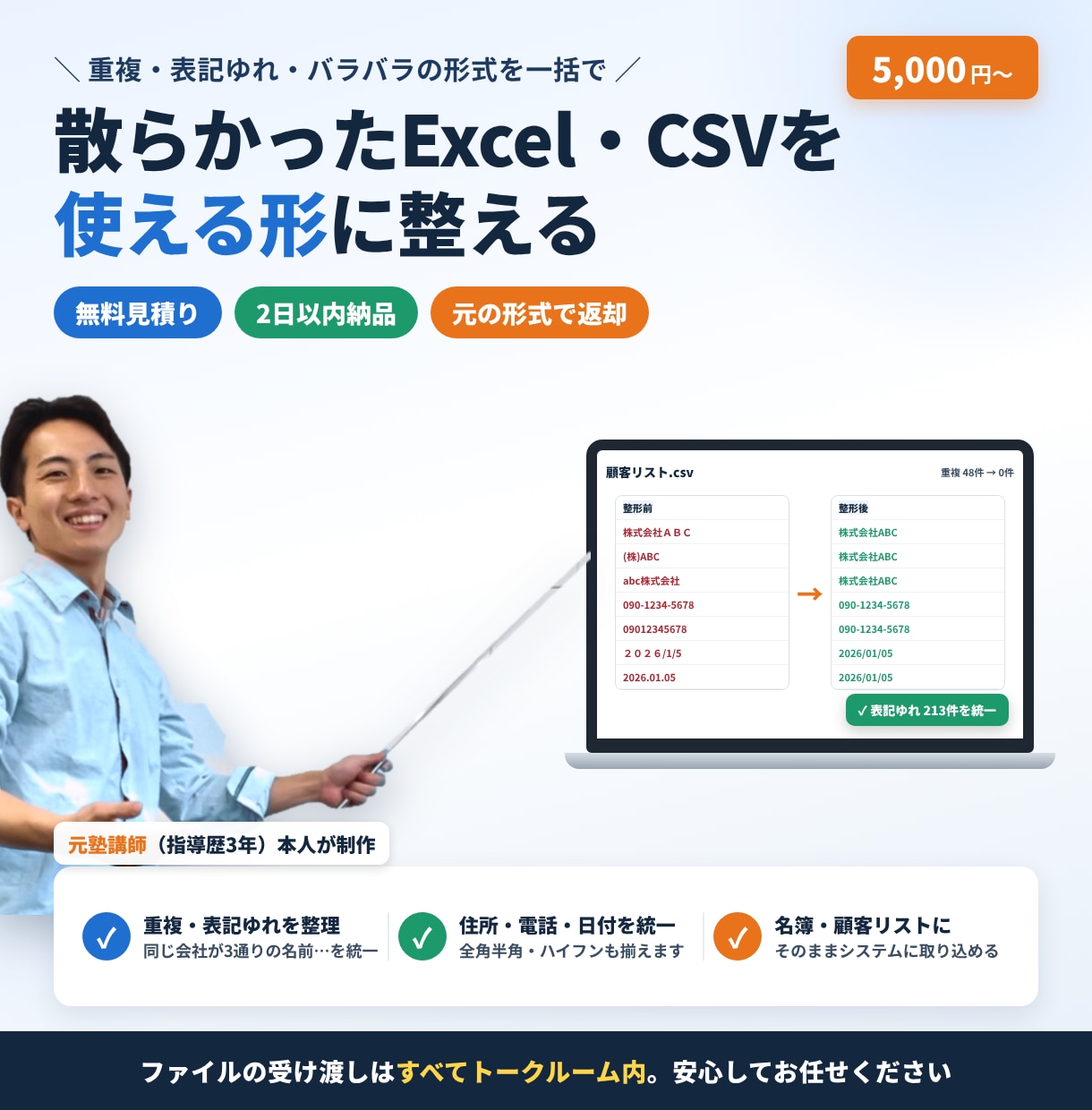 散らかったExcel・CSVデータを整えます 重複・表記ゆれ・バラバラの形式を一括整理｜無料見積り イメージ1