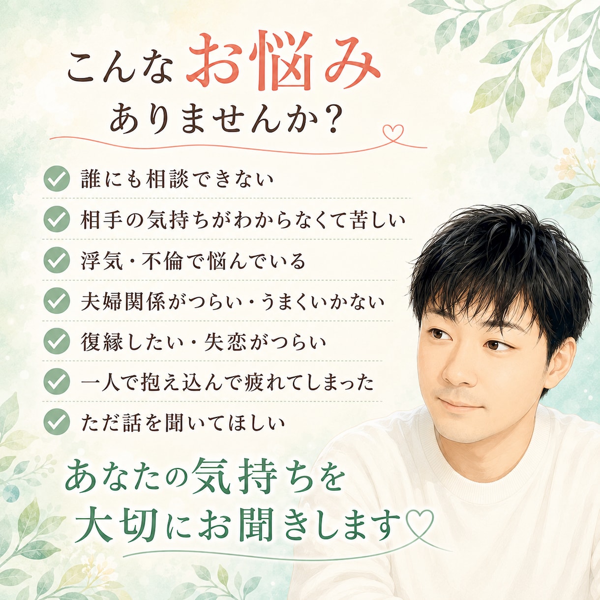 浮気・不倫の悩みを文章でお聞きします メッセージで気軽にご相談ください イメージ2