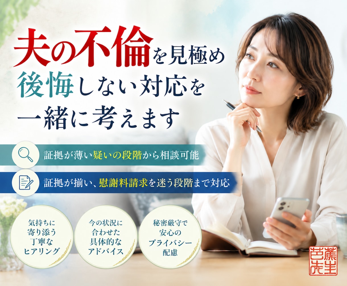夫の不倫を見極め後悔しない対応を一緒に考えます 確かな証拠がなくても　疑いを感じた今からできること イメージ1