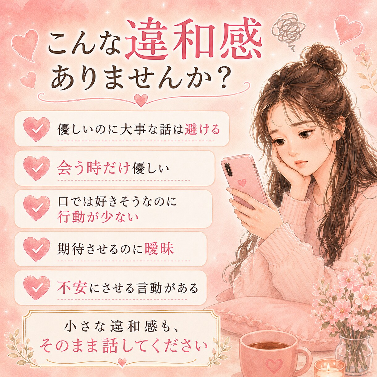 彼の本音と言動の違和感を一緒に見ます 彼の言葉より行動から温度感と違和感を一緒に見ます イメージ4