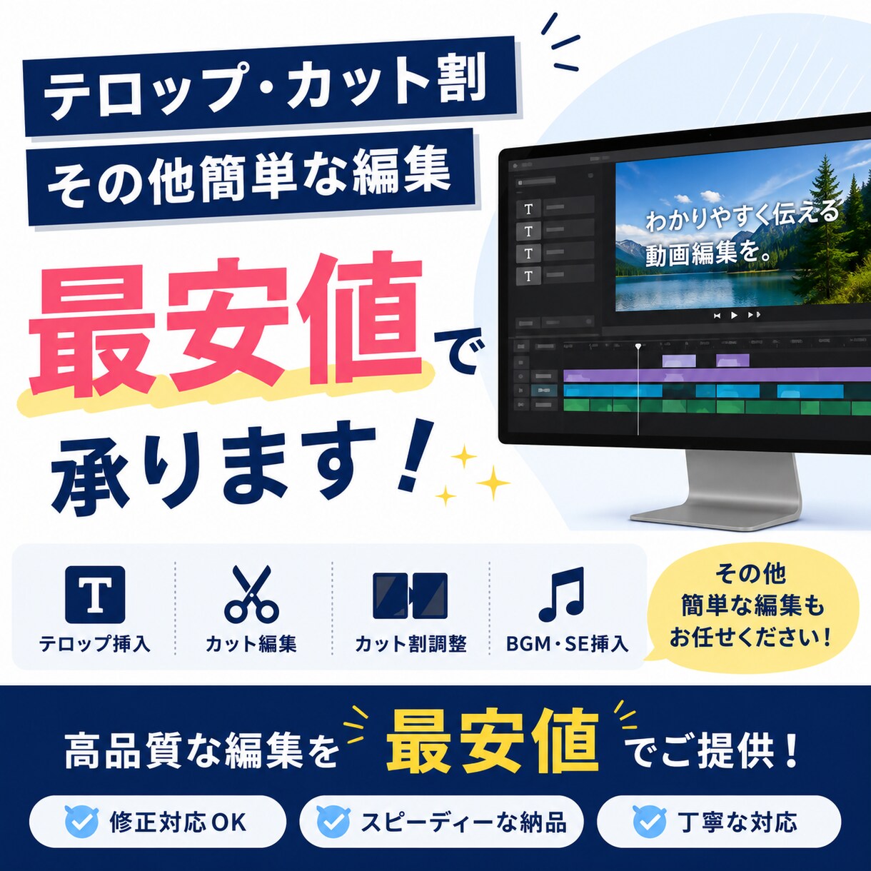 テロップ・カット割　単純作業を最安値で承ります とにかく安く「実績を積むために」自社での動画制作経験ありです イメージ1