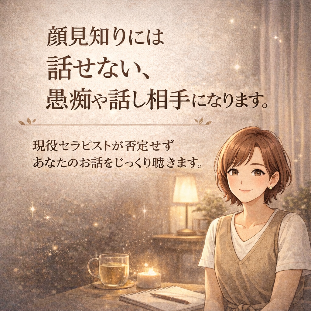 顔見知りには話せない愚痴や話し相手になります 現役セラピストが否定せずあなたのお話をじっくり聴きます イメージ1
