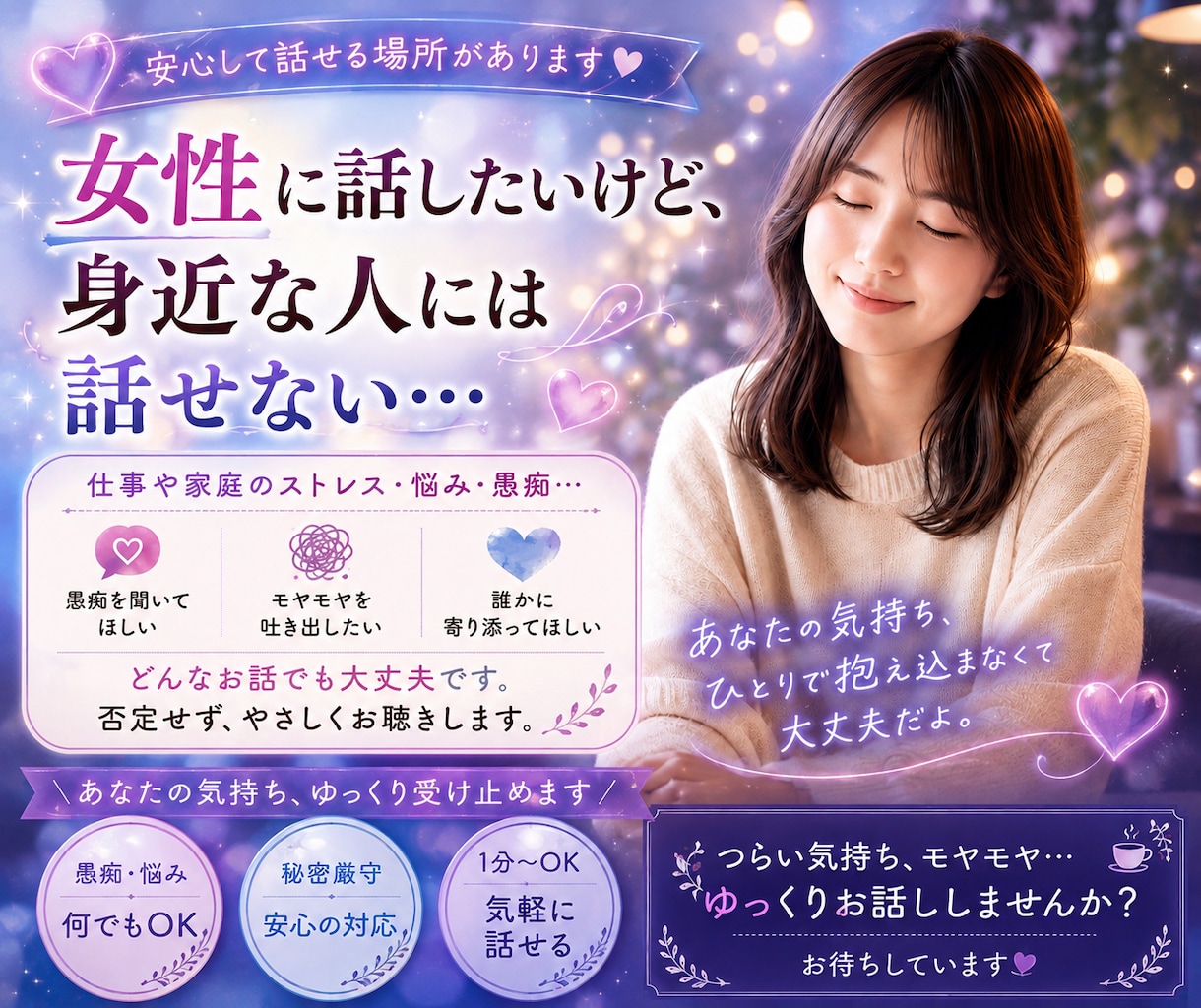 悩み相談・話し相手・共感　チャットします 30分500円〜あなたの相談を何でも聞きます♡彼女風もOK♡ イメージ1