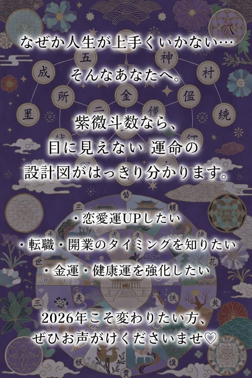 驚くほど当たると評判紫微斗数で詳しく鑑定します 紫微斗数で仕事・恋愛・金運を具体的に鑑定します イメージ1