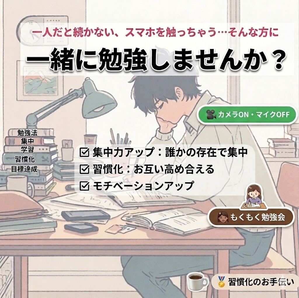 カメラONで一緒に勉強!習慣化をサポートします 一人では続かない勉強も、一緒なら続きます! イメージ1