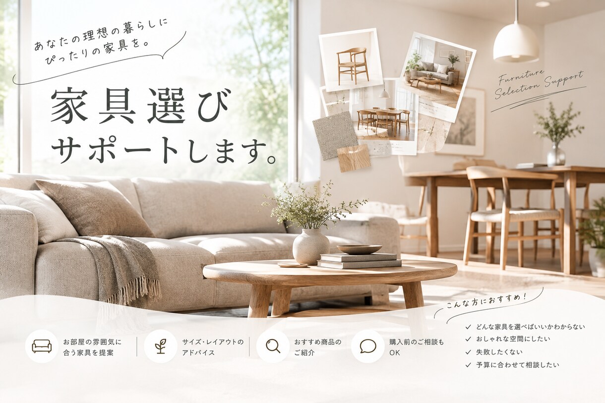 家具のご購入お困りの方へ、相談にのります あなたの暮らしとお部屋に合う家具をご提案致します☺︎ イメージ1