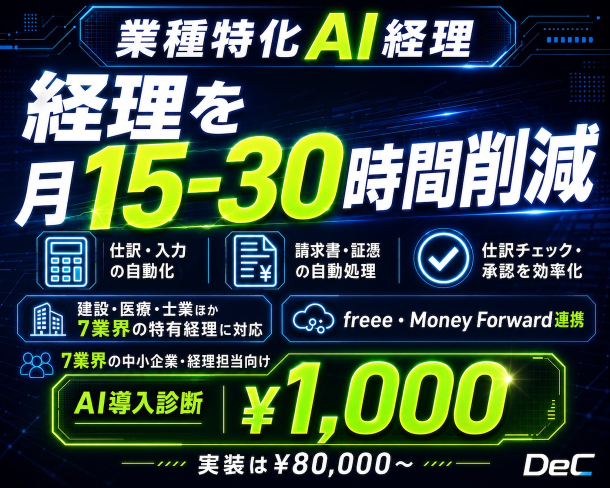 業種特化AI経理｜7業界の特有処理に対応します 業界特有の経理をfreee/MF連携でAI化します イメージ1