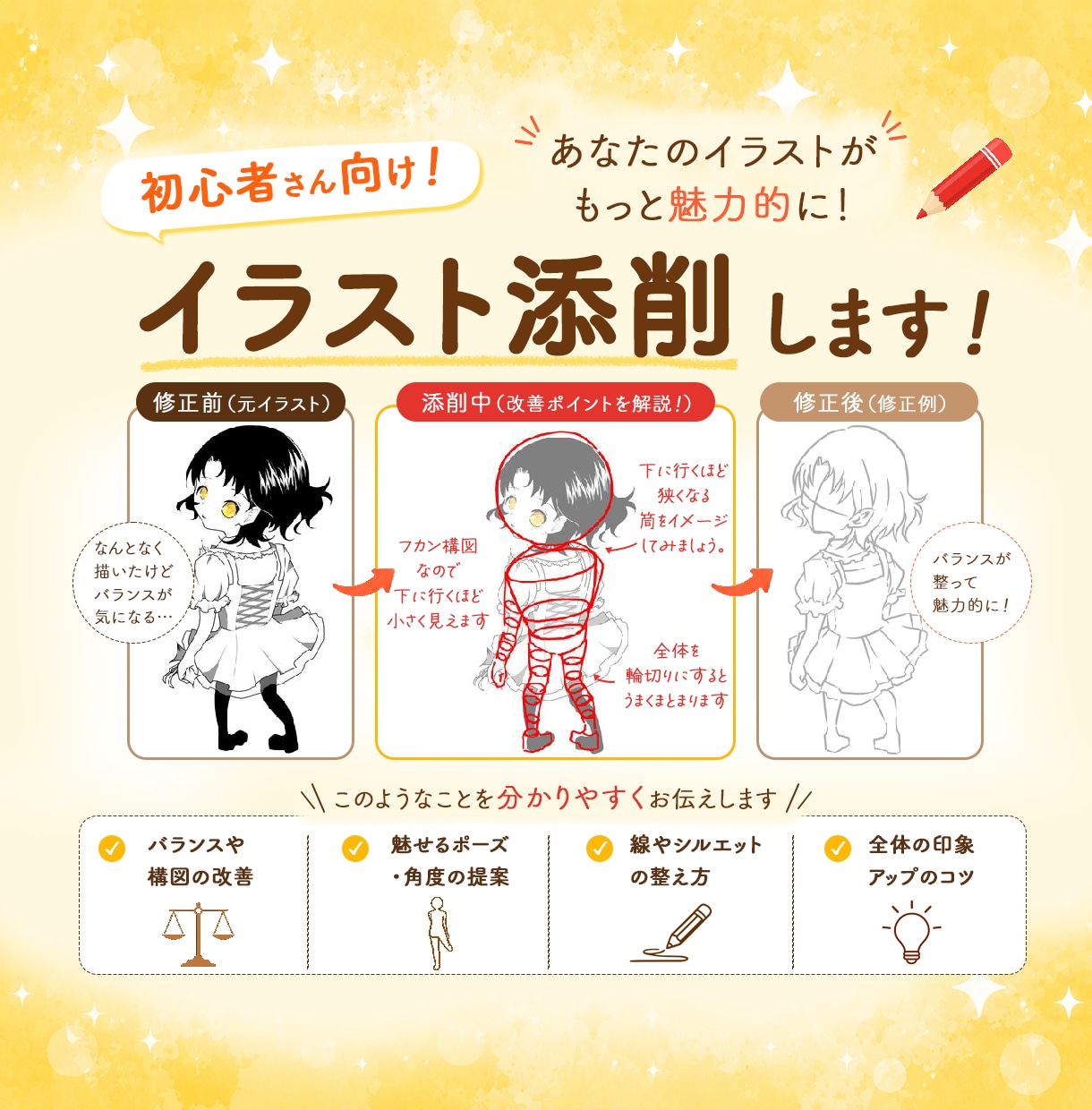 初心者〜中級者向き イラスト関係のご相談乗ります 事前に添削イラスト送ってくださった方限定、無料で添削致します イメージ1
