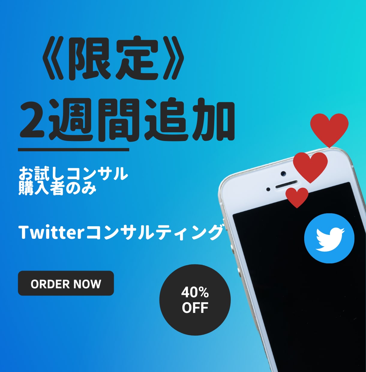 購入者限定！2週間Twitterコンサル追加します 一回だけです。通常の1ヶ月コンサルの40％オフ！！ イメージ1