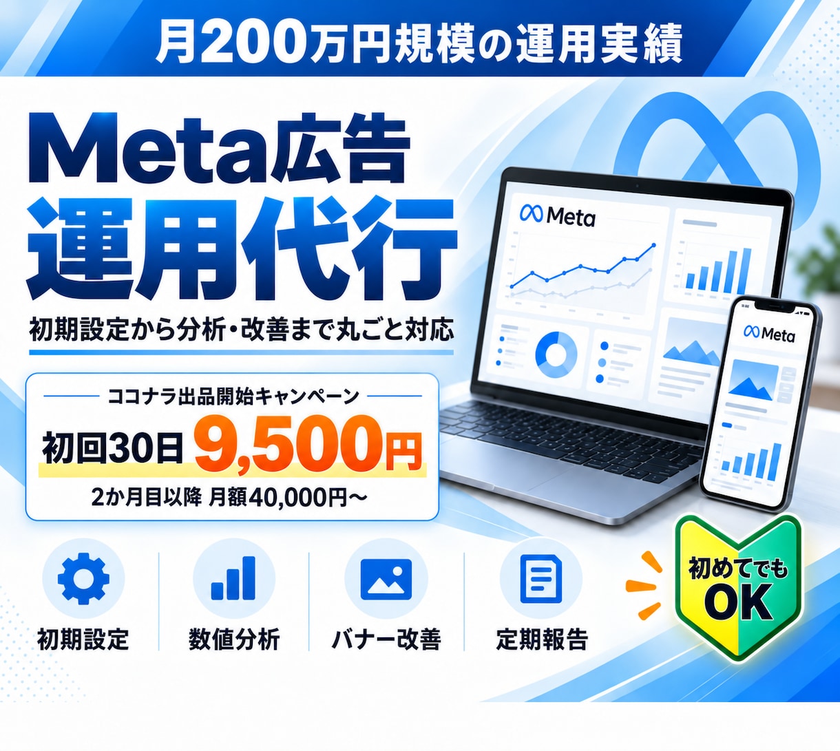Meta広告の運用を初期設定から丸ごと代行します 月200万円規模の運用実績｜バナー制作・分析・改善まで対応 イメージ1