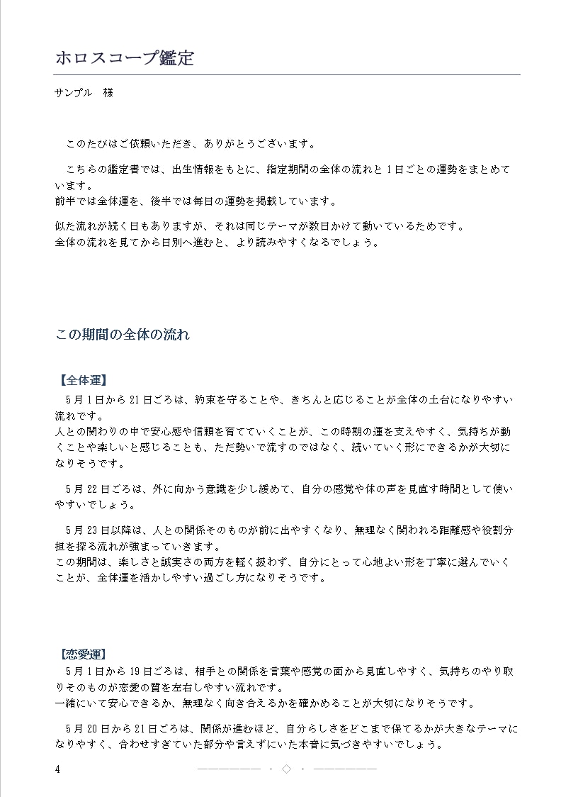 アナタ専用運勢カレンダー｜1ヶ月分の毎日をみます ホロスコープで、全体の流れと毎日の運勢を個別鑑定 イメージ3