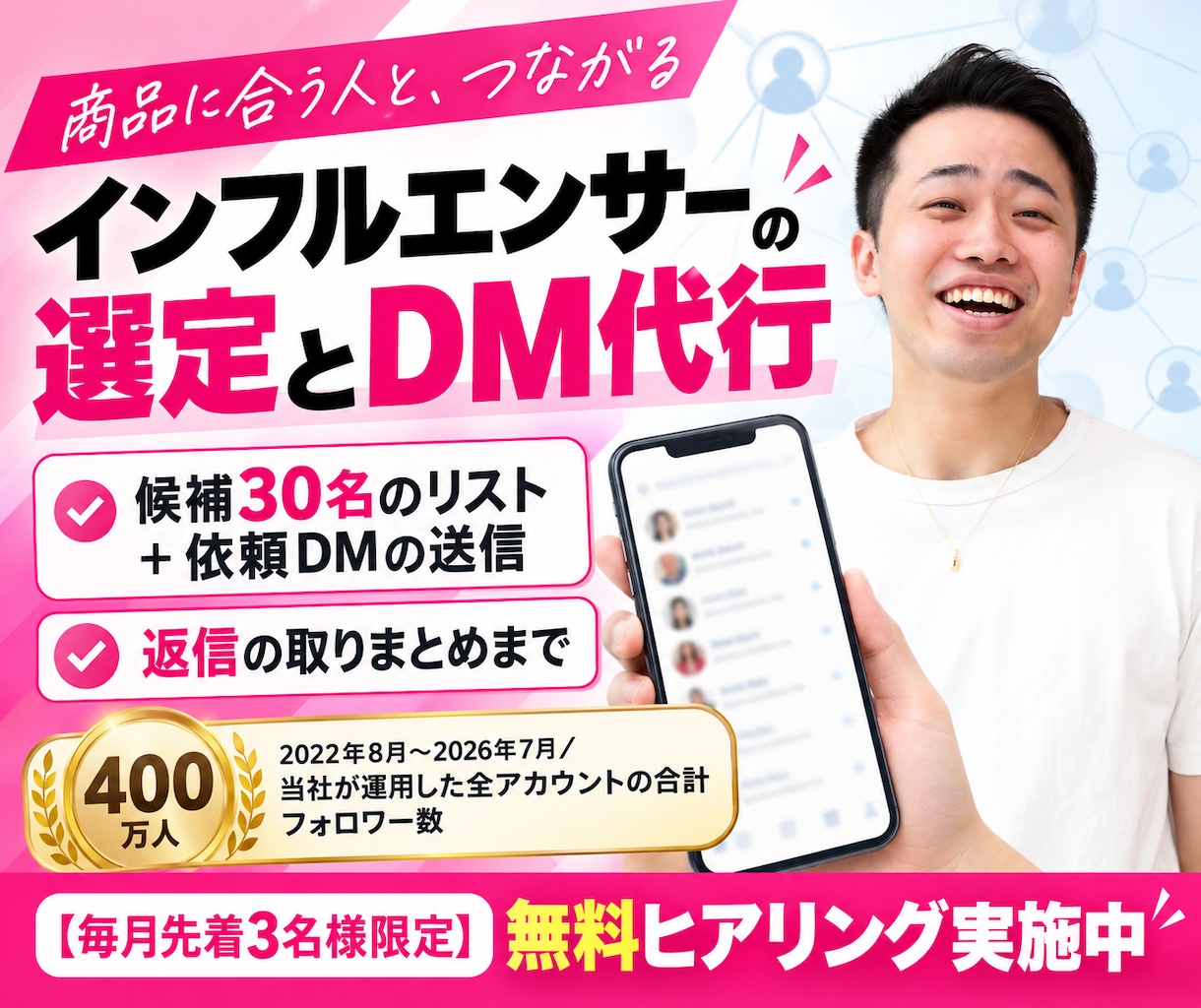インフルエンサーを選定し案件依頼のDMを代行します 候補30名の選定リストと依頼DM送信、返信の取りまとめ込み イメージ1