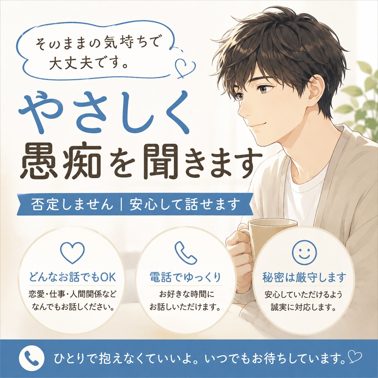 あなたの気持ち優しく聞きます 否定しません｜恋愛・仕事・人間関係なんでも安心して話せます イメージ1