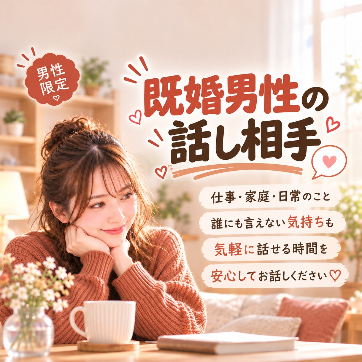 既婚男性のお話を女性目線で優しくお聞きします 奥様には話しにくい夫婦のことも、誰にも言えないことも♡ イメージ1