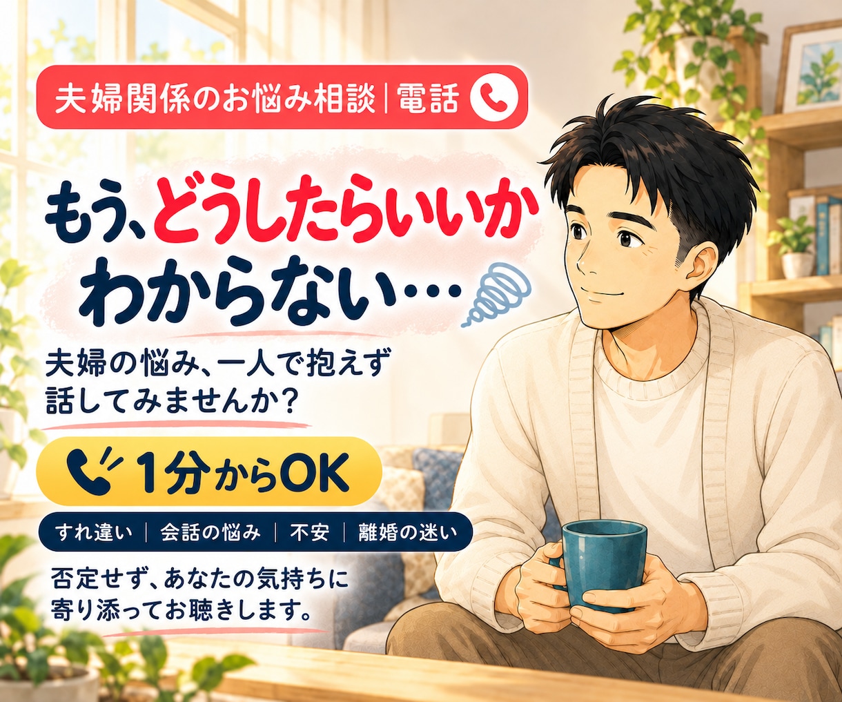 夫婦のすれ違いや悩みを否定せず丁寧にお聴きします 夫・3児の父としての視点も｜愚痴だけOK　改善の相談でもOK イメージ1