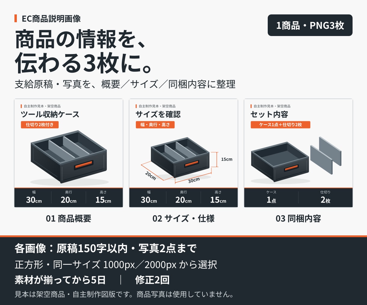 支給写真と原稿で商品説明画像3枚を作ります 特徴・サイズ・同梱物を同じデザインで整理 イメージ1