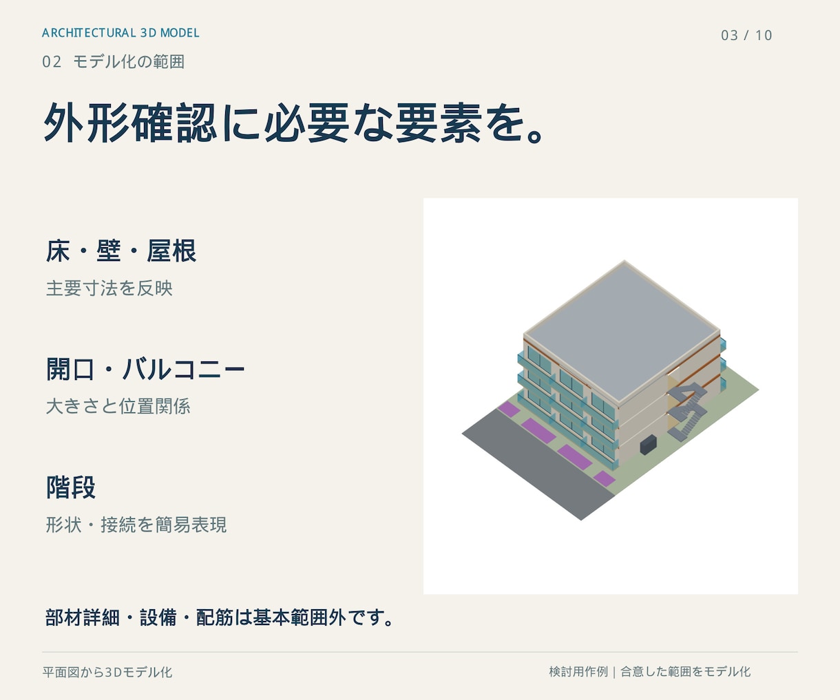 平面図やスケッチを建築3Dモデルにします 建物の高さ・奥行き・形状を、立体でわかりやすく イメージ3