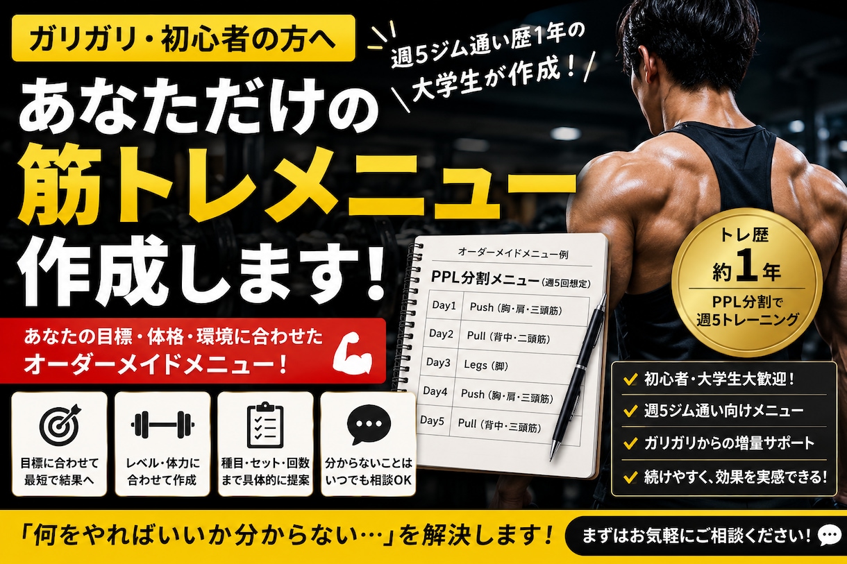 その人にあった筋トレメニューを考えます 有名な人のメニューではなく、あなたに最適なメニューを考えます イメージ1