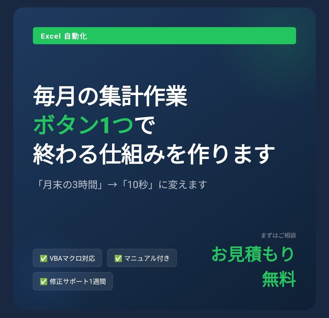 Excel集計ボタン1つで終わる仕組みを作ります 「月末の3時間」を「10秒」に変えます。 イメージ1