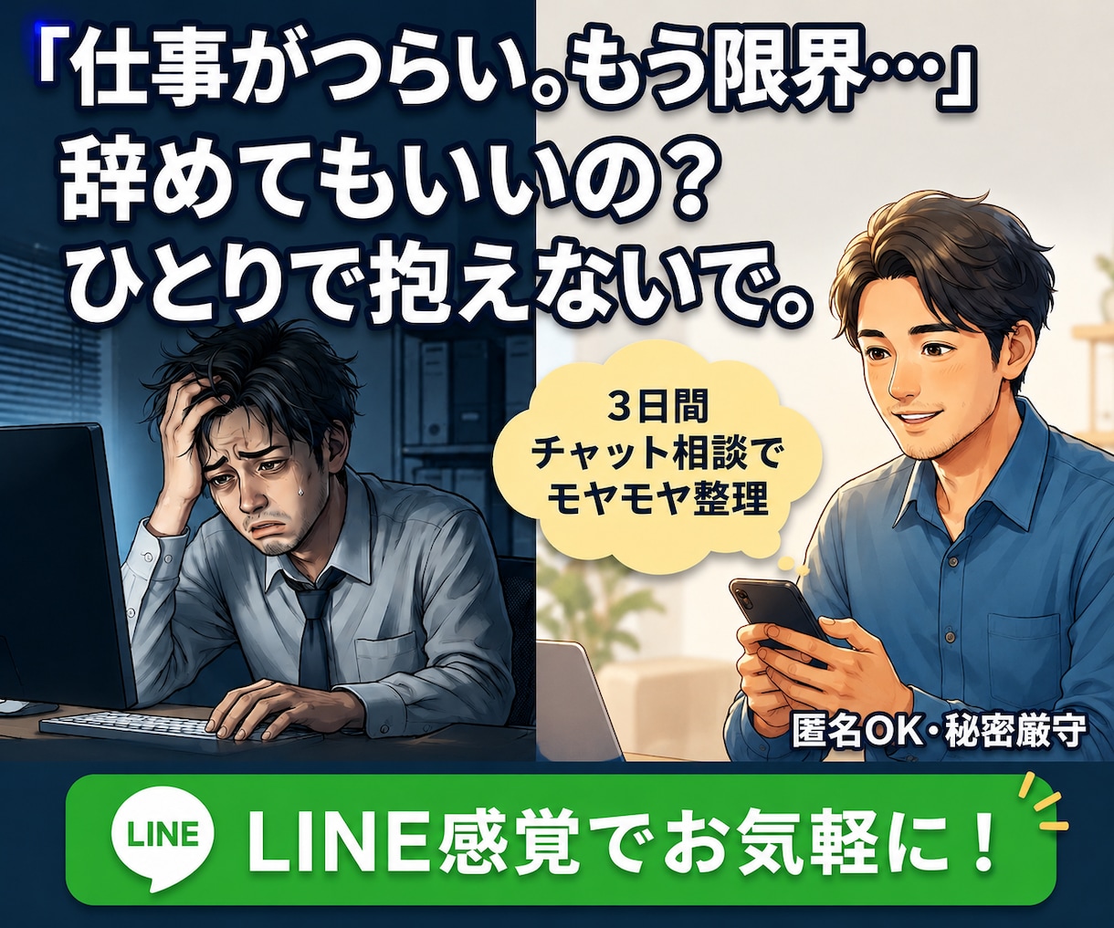 仕事・人間関係で限界なあなたの相談に乗ります 仕事の悩みを整理し、次の一歩を一緒に見つけます イメージ1