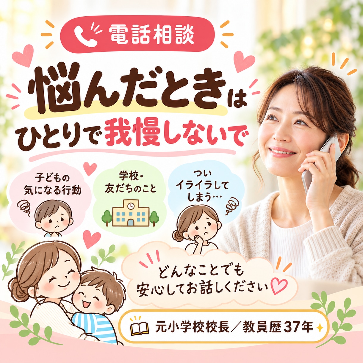 学校での問題行動や、子育て上の悩みに寄り添います 教員歴３７年の元小学校校長と話して、子育ての迷いを軽くします イメージ1