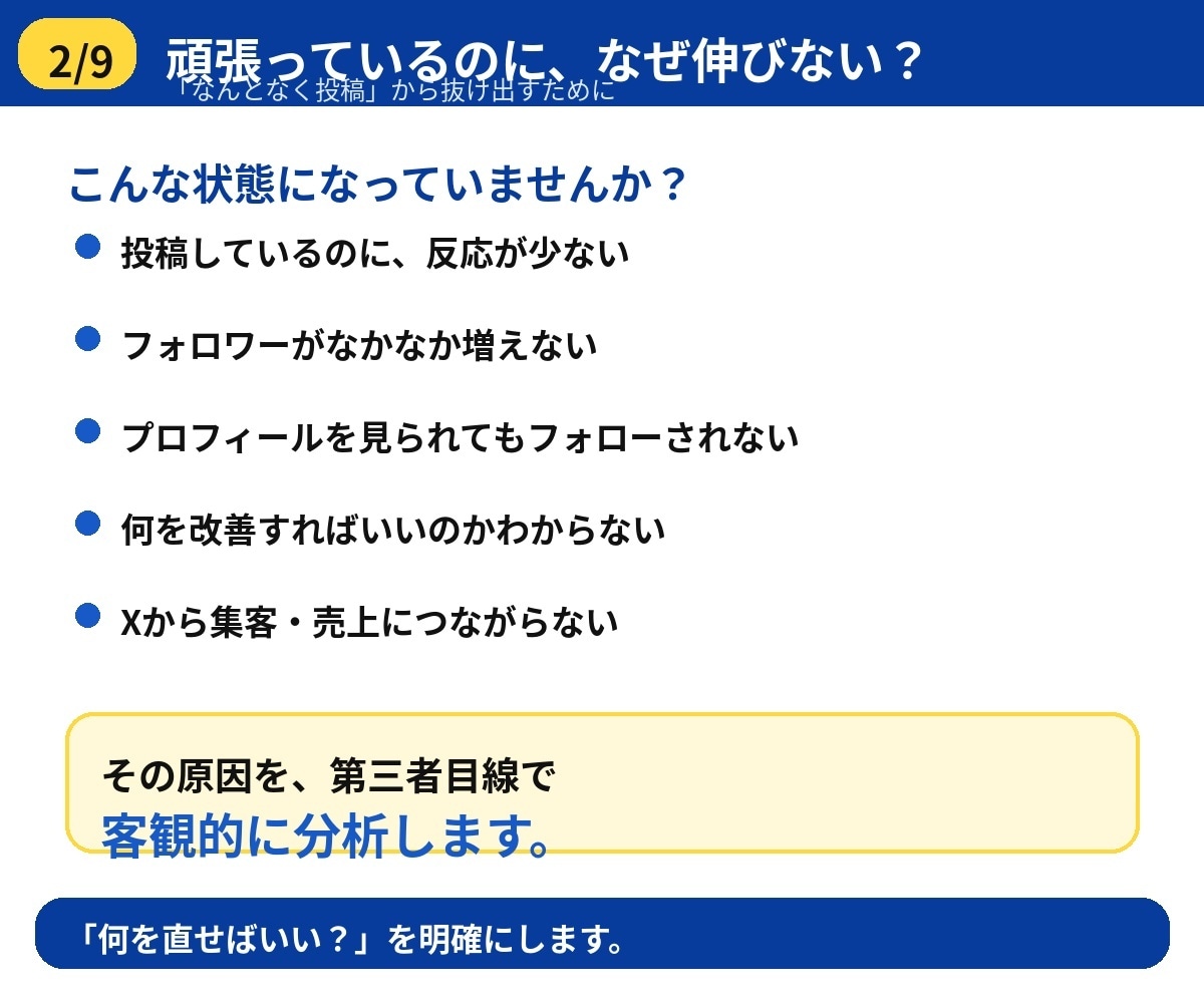 Xアカウントを診断・伸びない原因を診断します 13万フォロワーが、投稿・発信テーマ・集客導線を分析します イメージ2