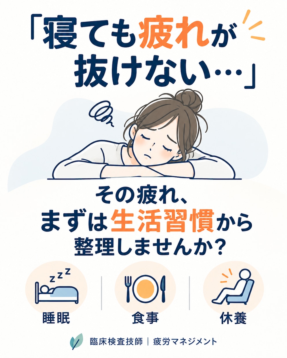 疲れが抜けない生活習慣を整理します 「寝ても疲れる」「休日も疲れている」を一緒に整理します。 イメージ1