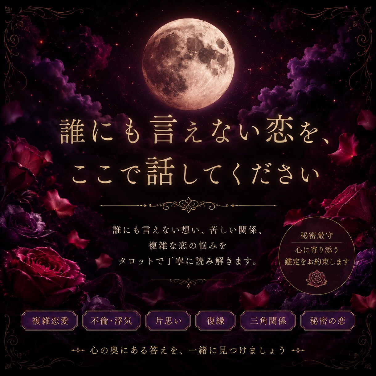 秘密の恋に寄り添う霊感タロット鑑定をします 相手の本音と、この恋の行方を視ます イメージ1