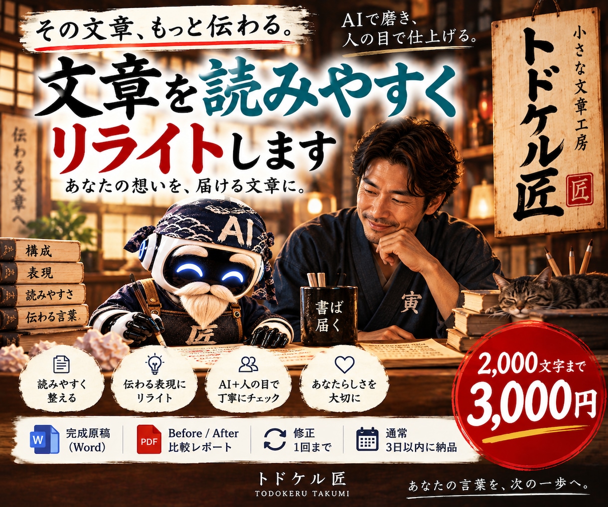 あなたの文章を読みやすくリライトします AIで磨き、人の目で丁寧に仕上げる文章工房です イメージ1