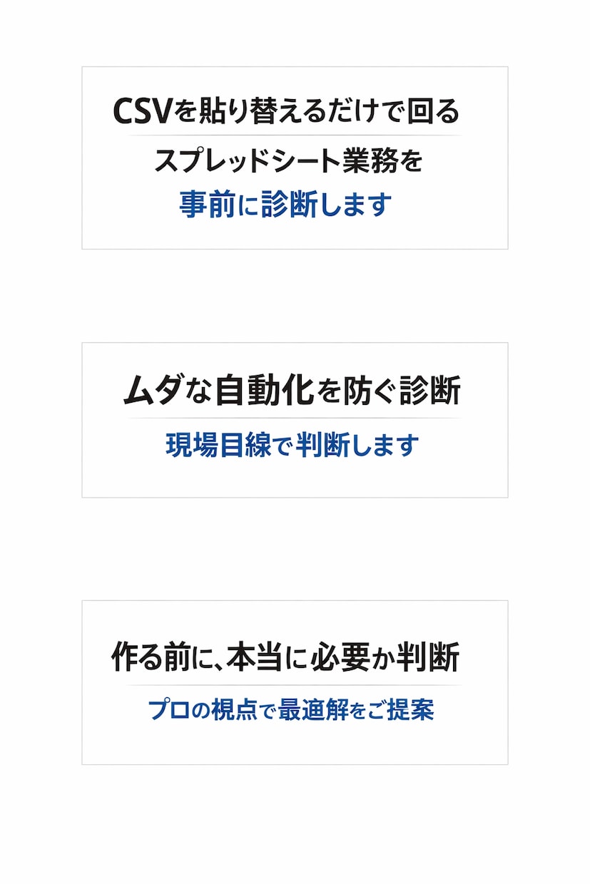 スプレッドシート業務、自動化できるか診断しますます CSVデータを貼り替えるだけで回る仕組みを設計視点で提案 イメージ1