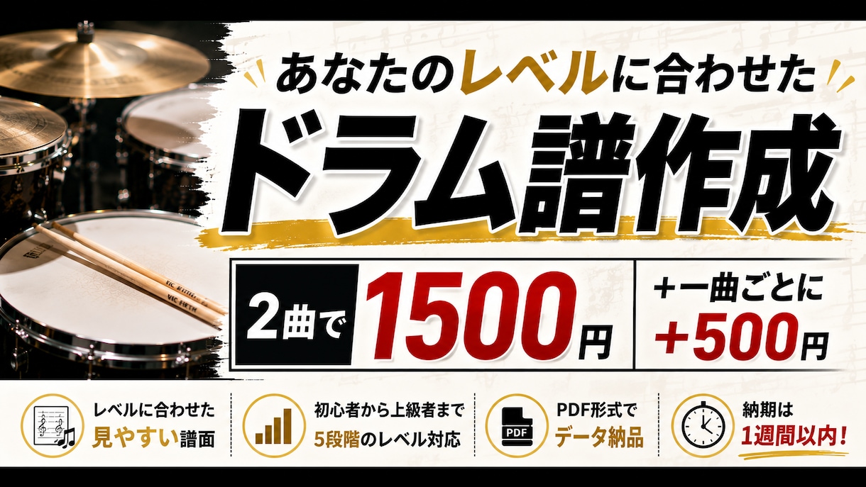 ドラム譜【あなたに合わせた難易度で‼️】作ります 格安でオーダーメイド譜面をご提供いたします。 イメージ1