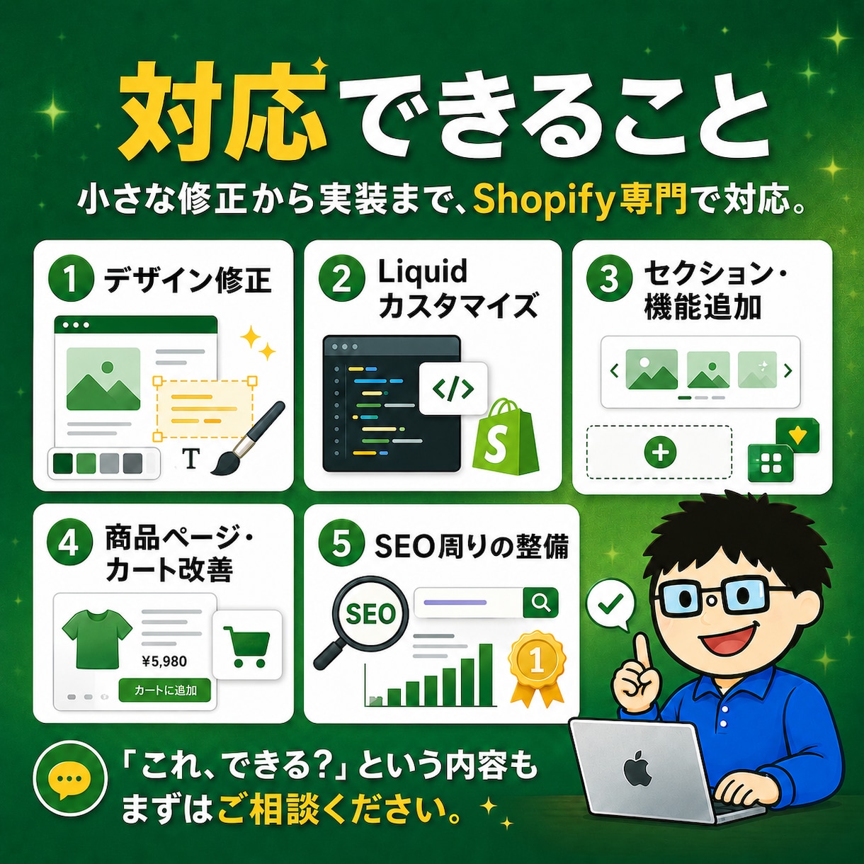 Shopifyの修正・カスタマイズ・機能追加します 依頼した翌日に、直っていてほしい。そんな方のための商品です。 イメージ3