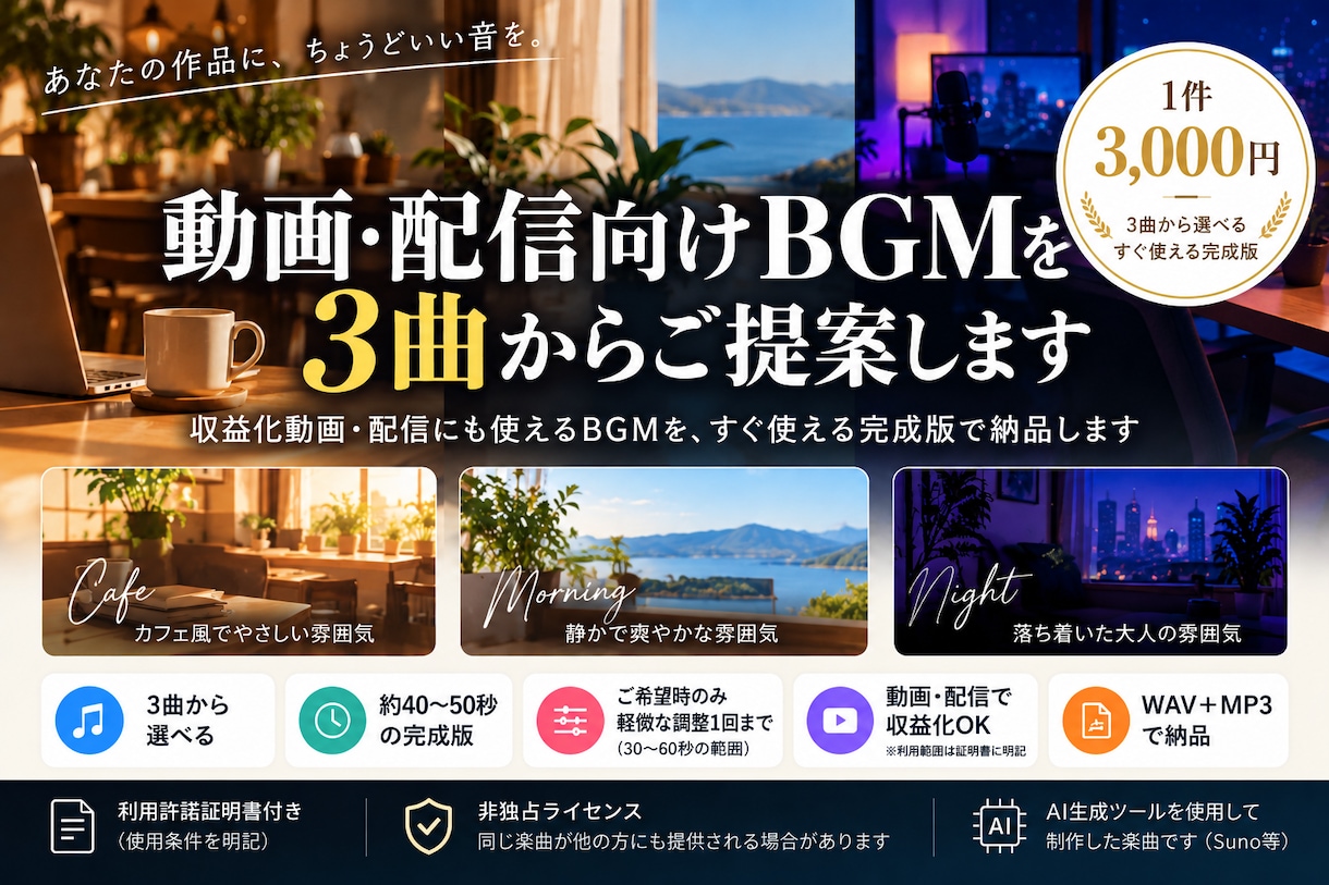 動画・配信向けBGMを3曲から提案します 配信・動画向け｜既存BGMから選べる3曲提案 イメージ1