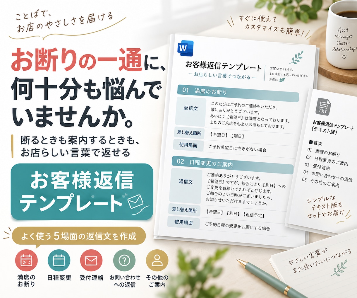 お客様への返信テンプレートを作ります 断るときも案内するときも、お店らしい言葉で返せる イメージ1