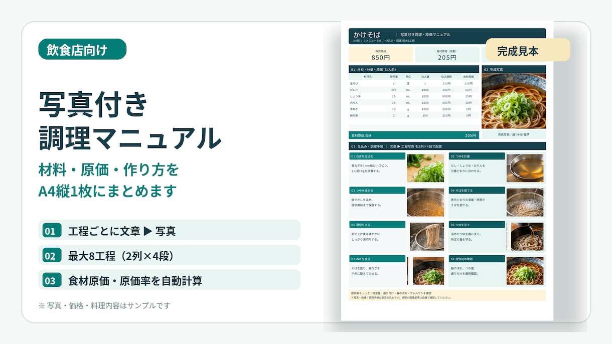 飲食店の写真付き調理マニュアルを作成します 工程写真と原価計算付き、飲食店専用A4手順書 イメージ1