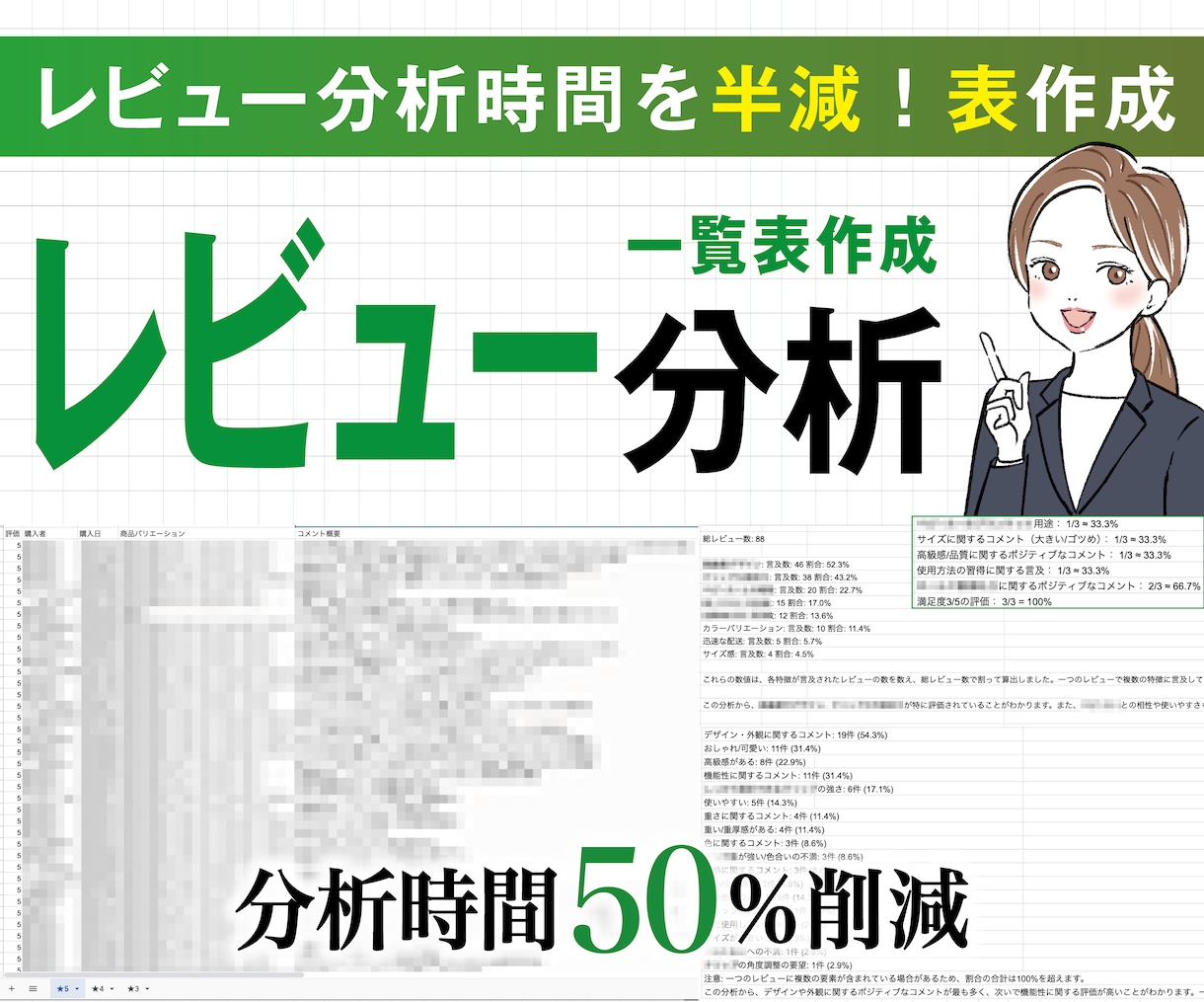 レビューを定量的なスプレッドシートにデータ化します レビュー分析を定量的に行えてると、自信を持って言えますか？ イメージ1